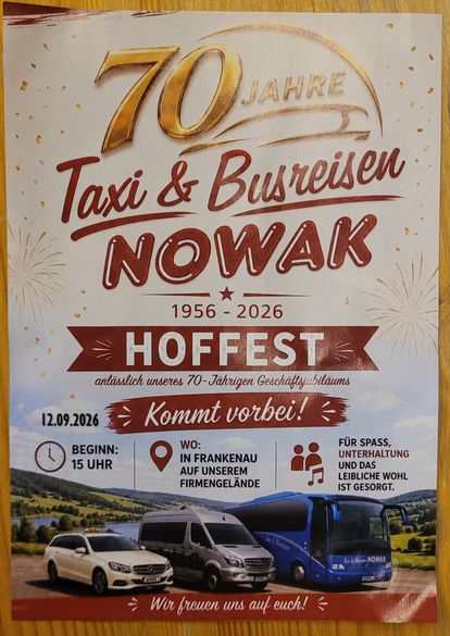 Einladung zum Hoffest: 70 Jahre Taxi und Busreisen Nowak, am 12. September 2026 ab 15 Uhr auf dem Firmengelände in Frankenau.